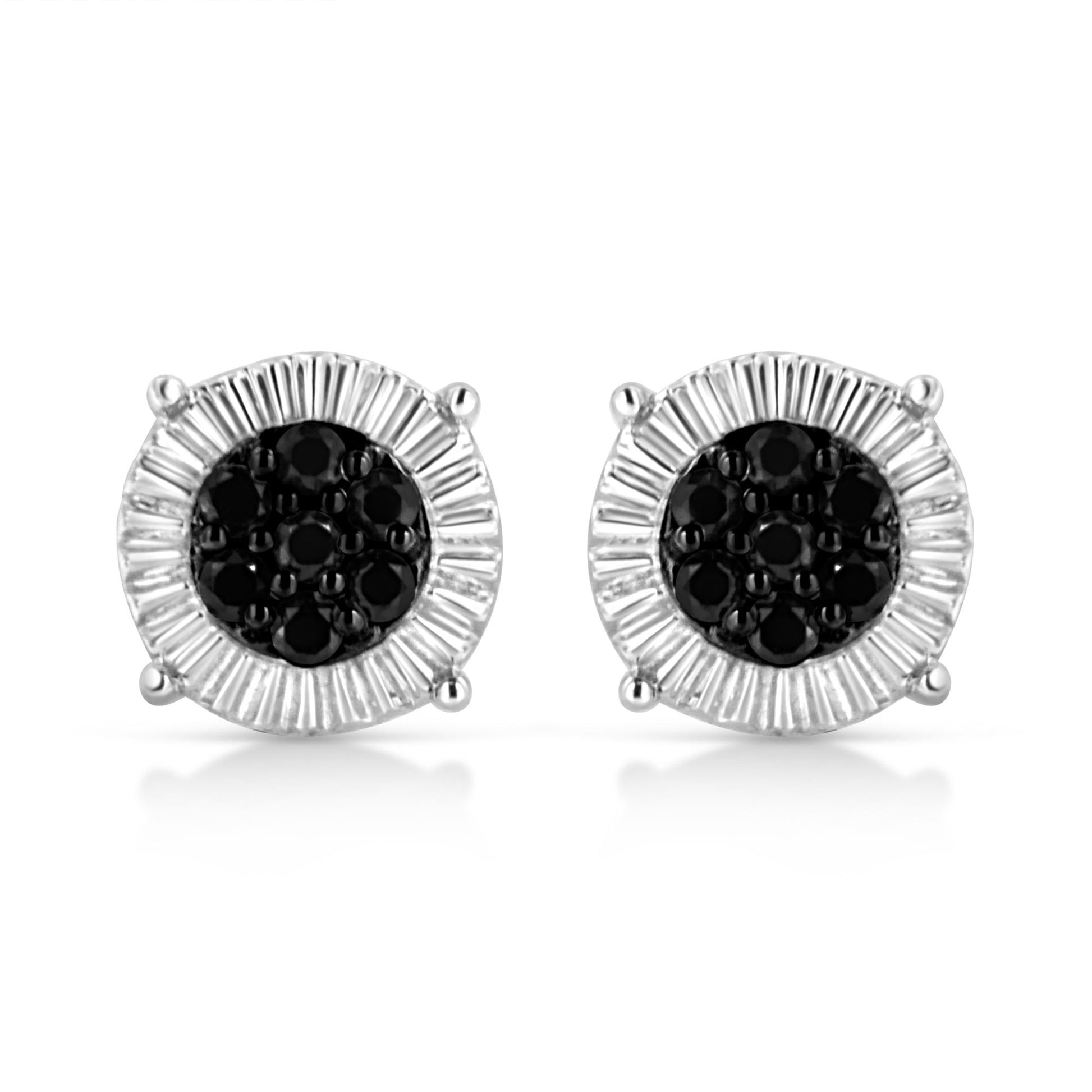Pair of white metal round stud earrings with prong-set black round gemstones in the center, shown from a front angle.