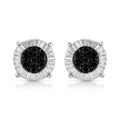 Pair of white metal round stud earrings with prong-set black round gemstones in the center, shown from a front angle.