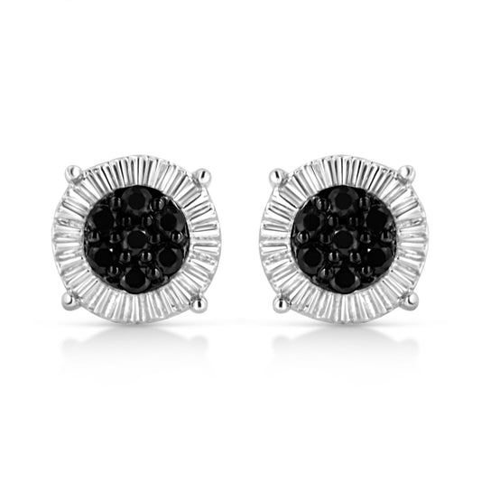 Pair of white metal round stud earrings with prong-set black round gemstones in the center, shown from a front angle.