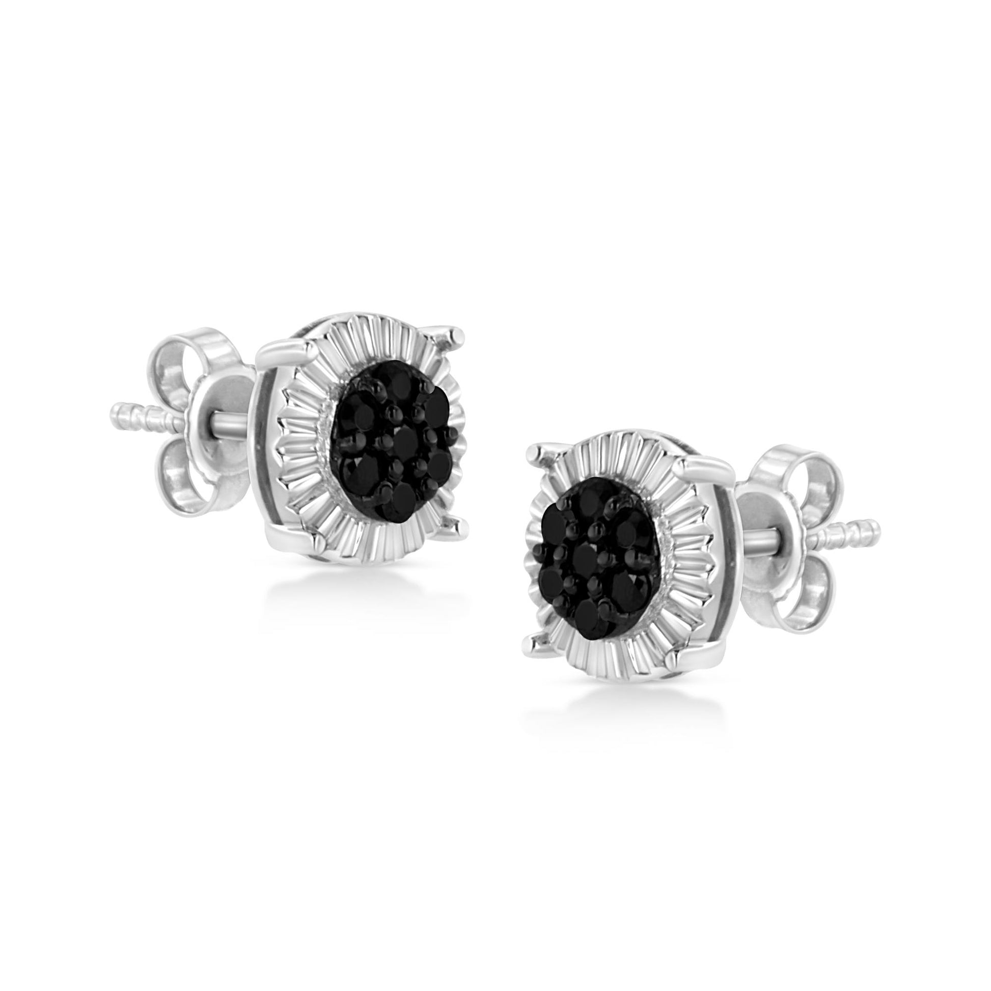 Pair of white metal stud earrings with round black gemstones in prong settings, shown from a front and side angle.