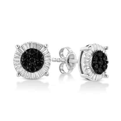 Pair of white metal stud earrings with clusters of round black gemstones in prong settings, shown from front and side angles.