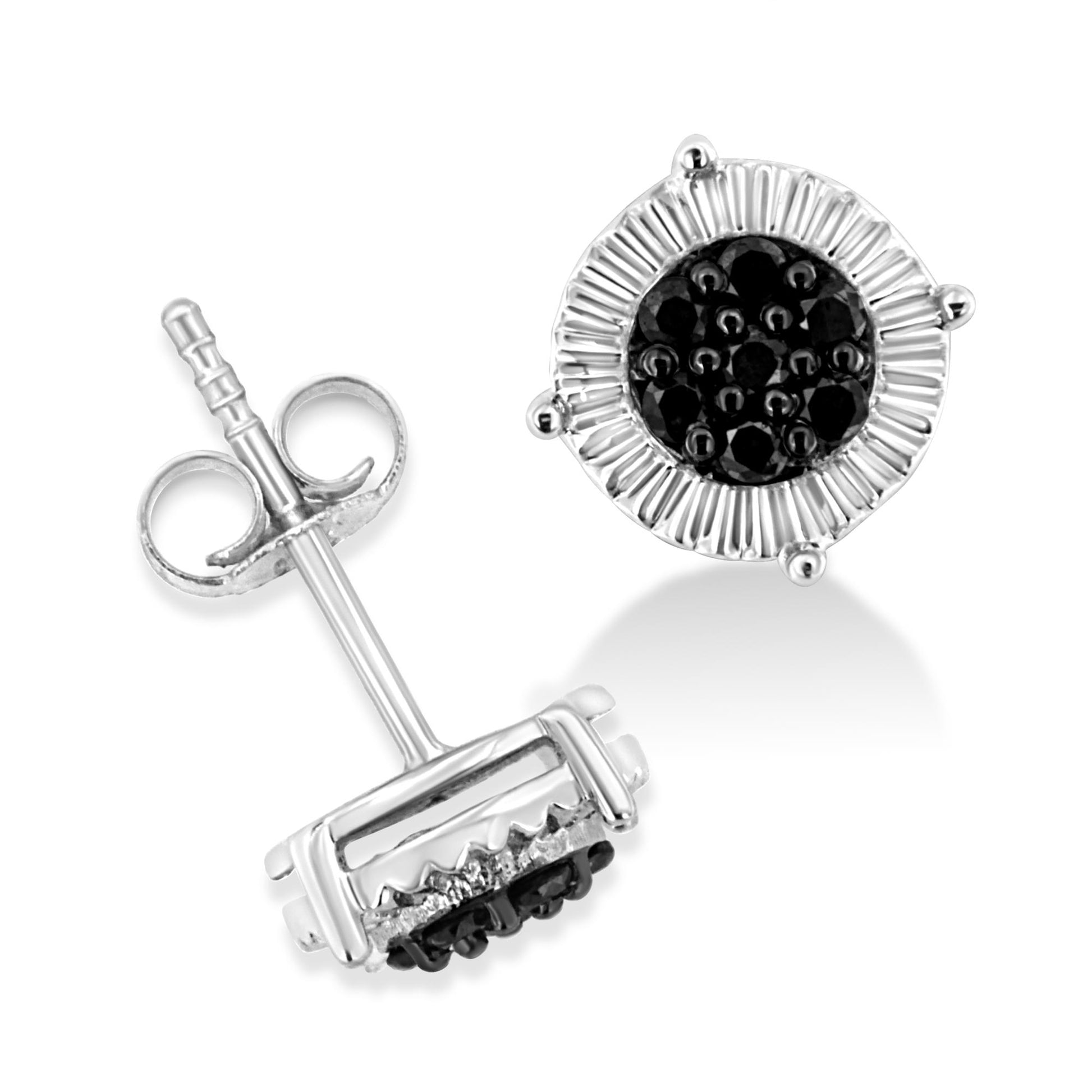 Close-up front and side view of round white metal stud earrings with clustered black gemstones in prong setting.