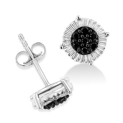 Close-up front and side view of round white metal stud earrings with clustered black gemstones in prong setting.