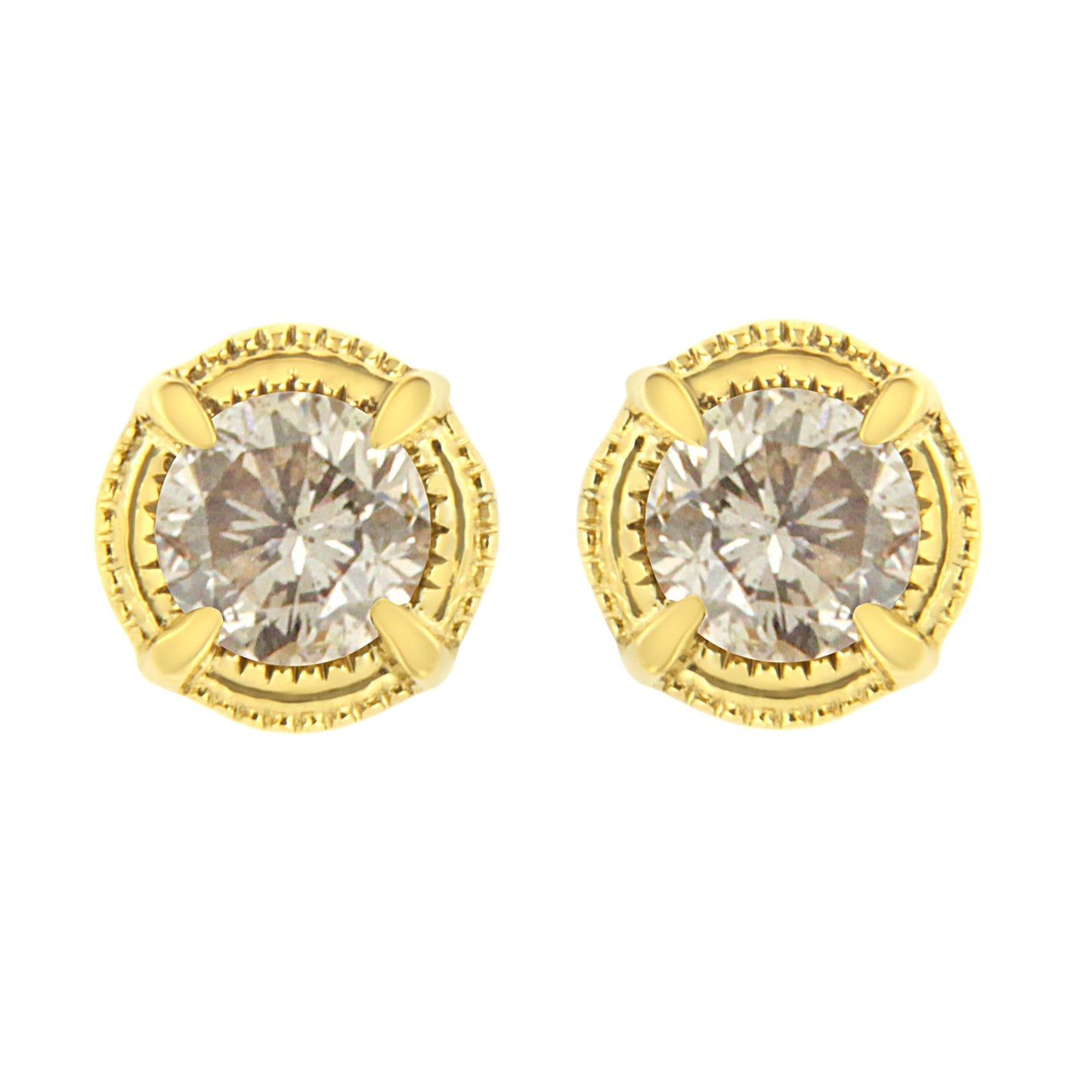 Front view of pair of yellow metal stud earrings with round brownish gemstones in prong settings.