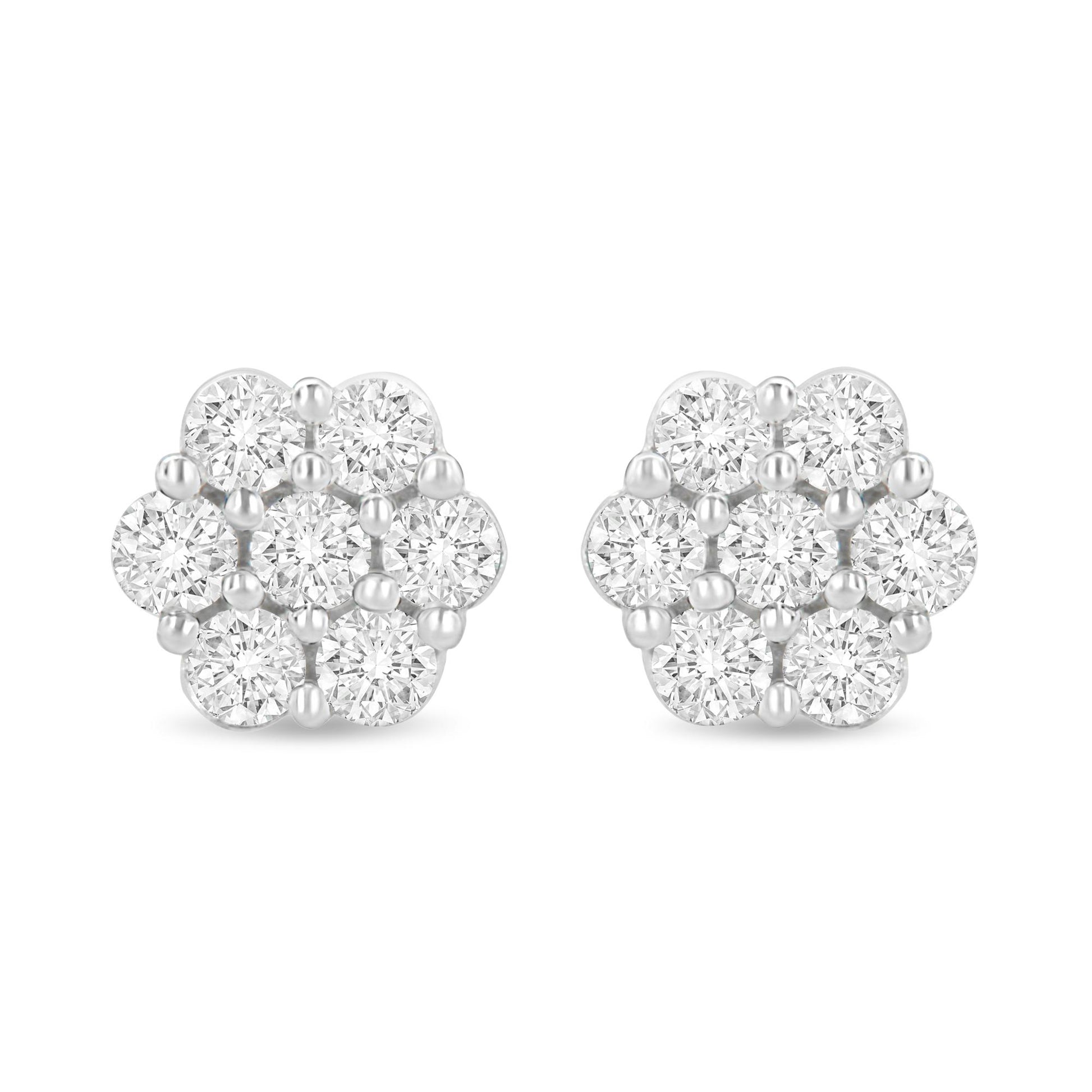 Pair of white metal cluster earrings with round white gemstones in prong settings, front-facing view.