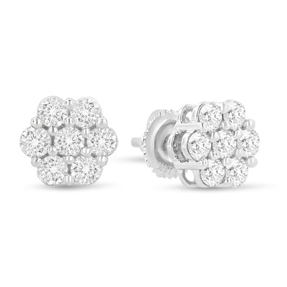 Pair of white metal cluster earrings with round white gemstones in prong settings, shown from front and side angles.