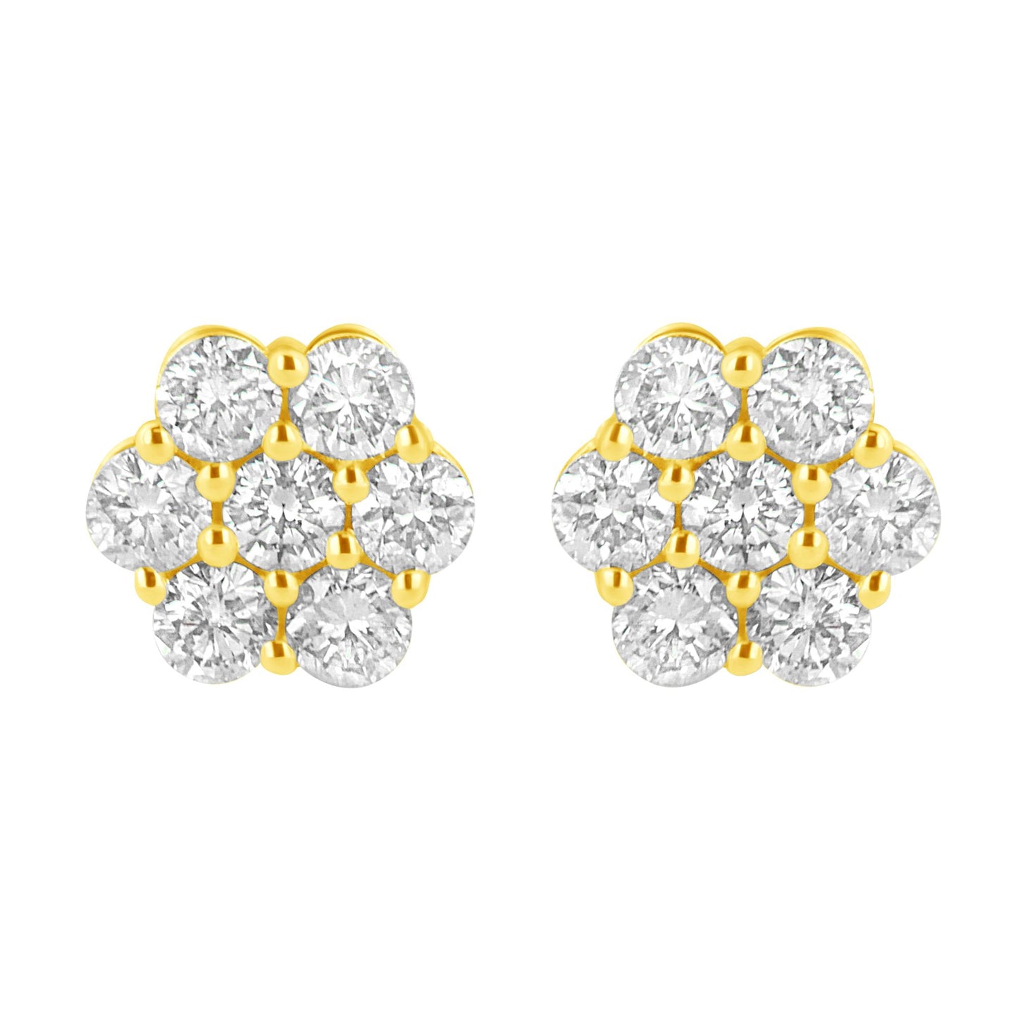 Front-facing close-up of a pair of yellow metal earrings designed with multiple round white gemstones in prong settings forming a clustered pattern.