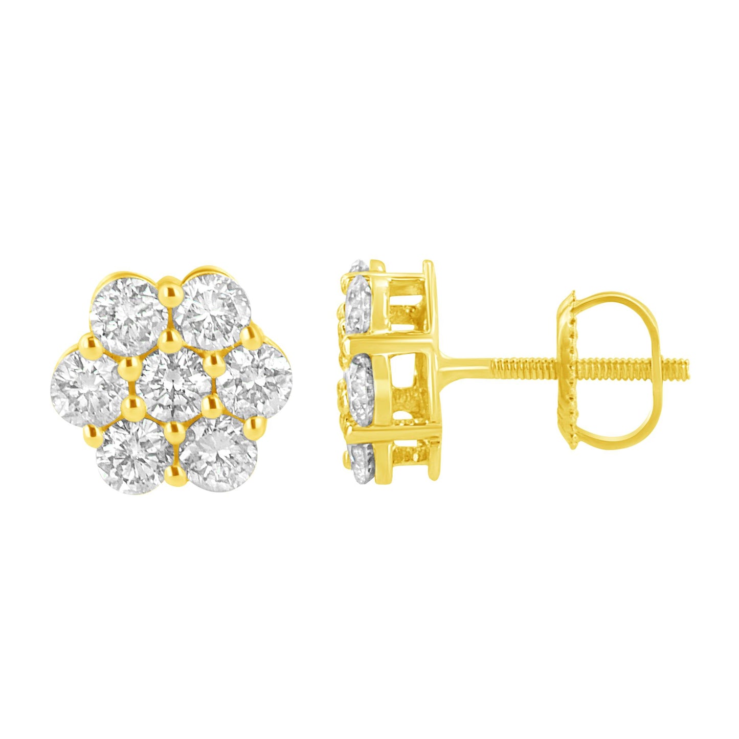 Front and side views of yellow metal stud earrings with cluster of round white gemstones in prong settings.