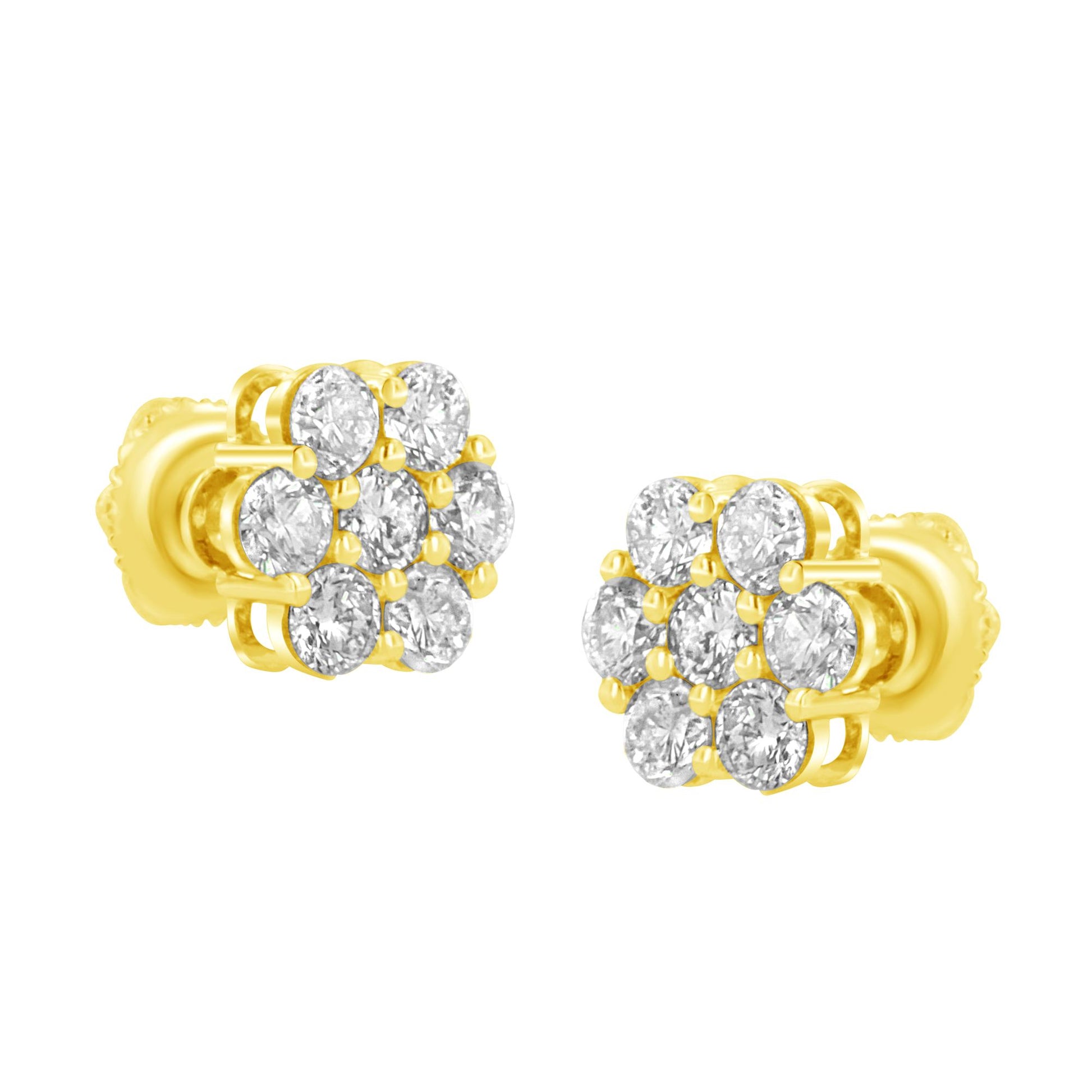 Pair of yellow metal stud earrings with cluster of round white gemstones in prong setting, shown in close-up angled view.