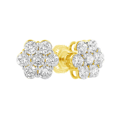 Close-up front and side angle of yellow metal earrings featuring round white gemstones in a clustered prong setting.