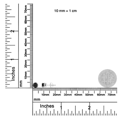 Pair of white metal stud earrings with round black gemstones in prong settings, shown on a ruler and scale for size reference, side and front angles.