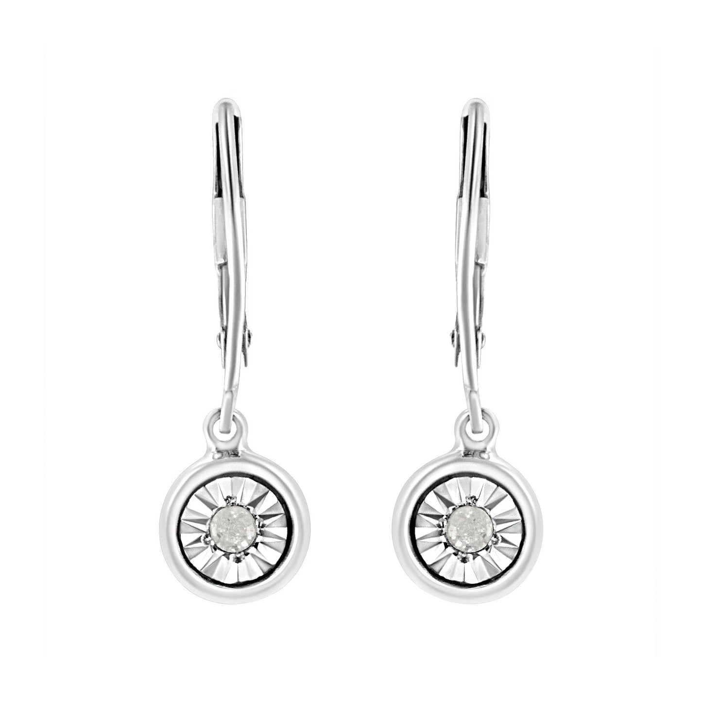 Front view of white metal drop earrings with round white gemstones set in a circular design.
