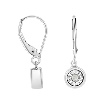 Front and side view of white metal round earrings with a white gemstone in the center, shown against a white background.
