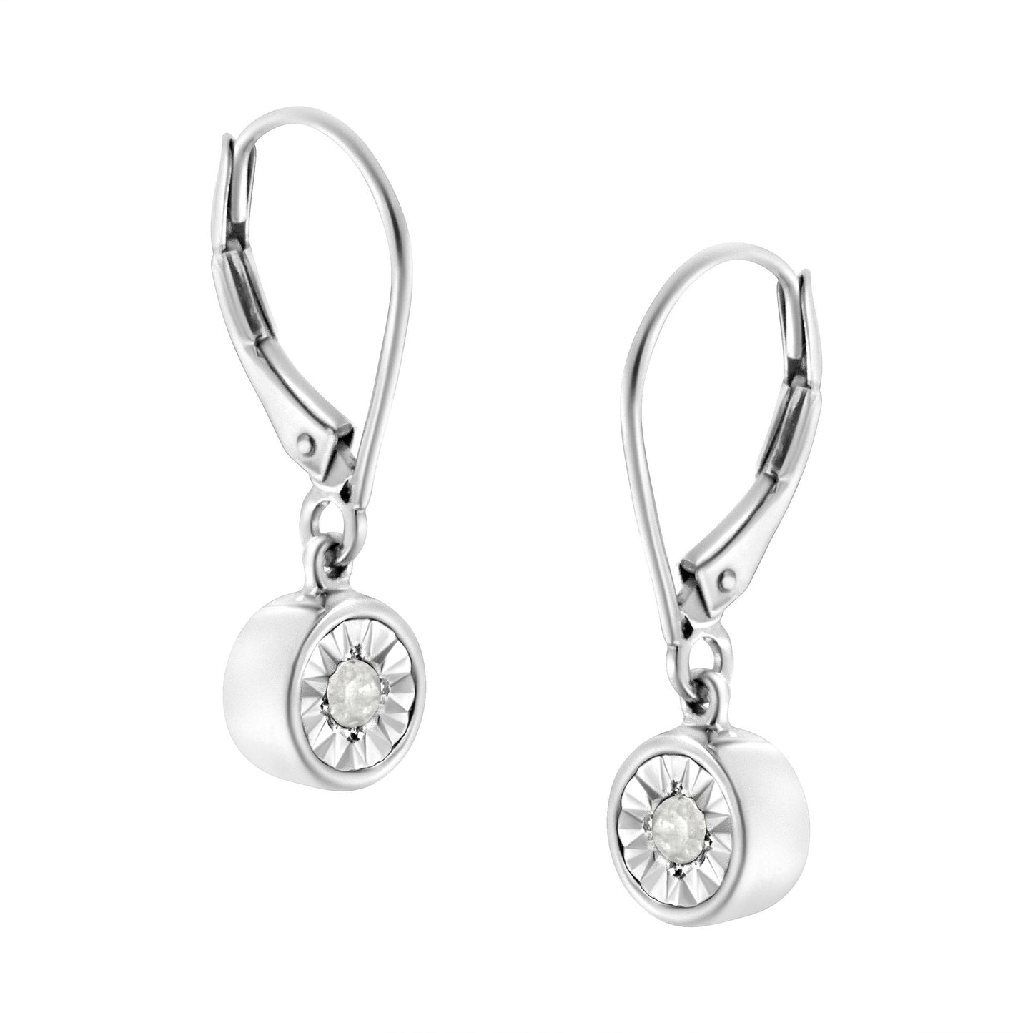 White metal drop earrings with round white gemstones in miracle settings, shown in a front angle view.