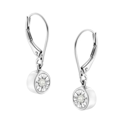 White metal drop earrings with round white gemstones in miracle settings, shown in a front angle view.