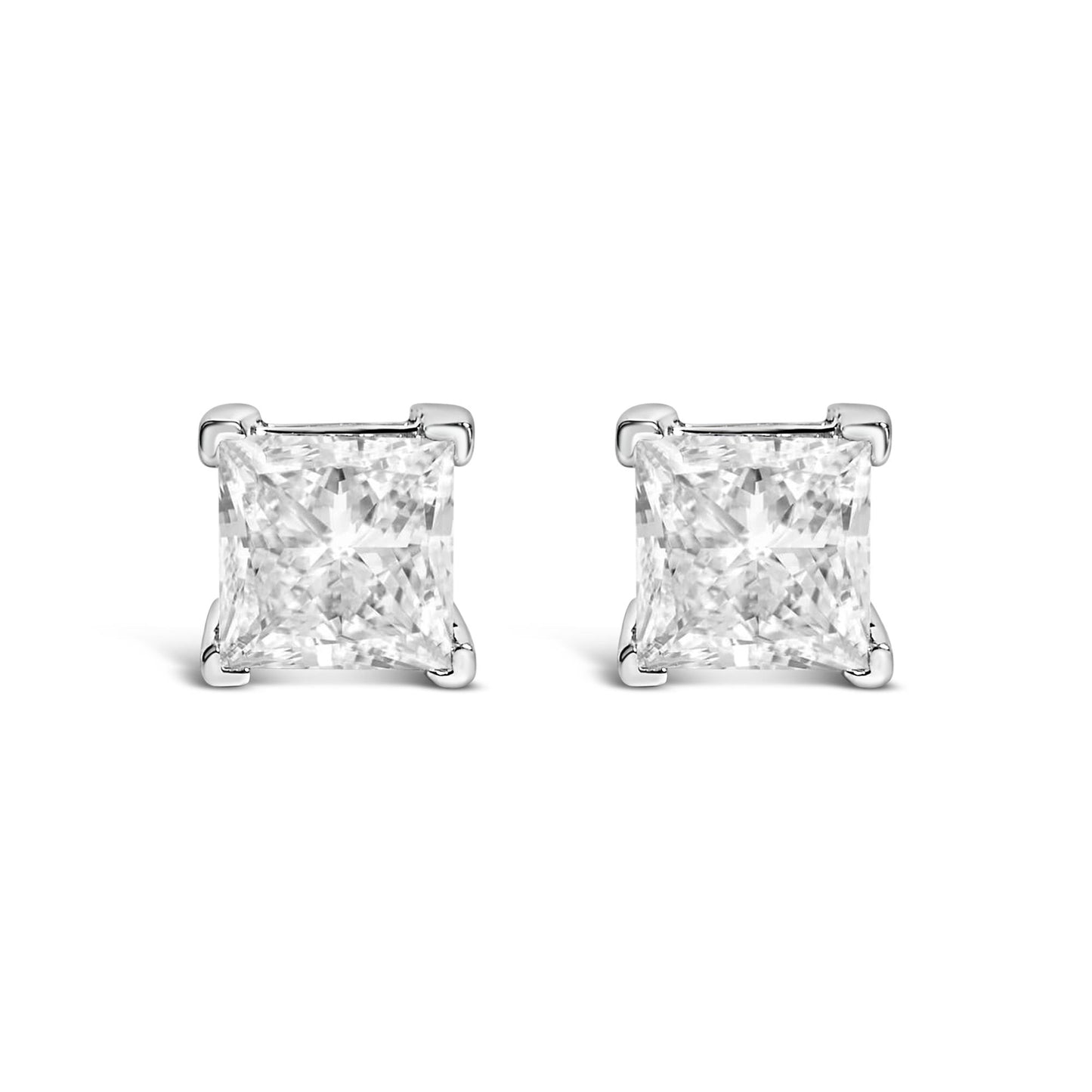 Front-facing view of white metal stud earrings with princess-shaped clear gemstones in four-prong settings.