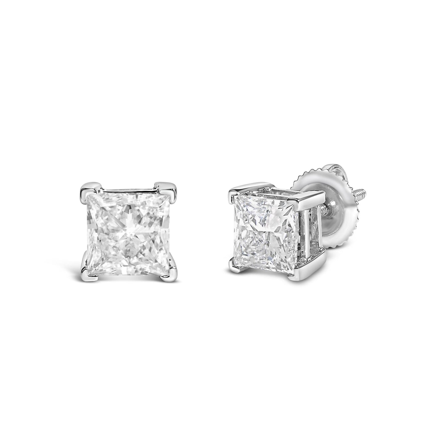 Pair of white metal stud earrings with princess-shaped white gemstones in a 4-prong setting, shown from front and side angles.