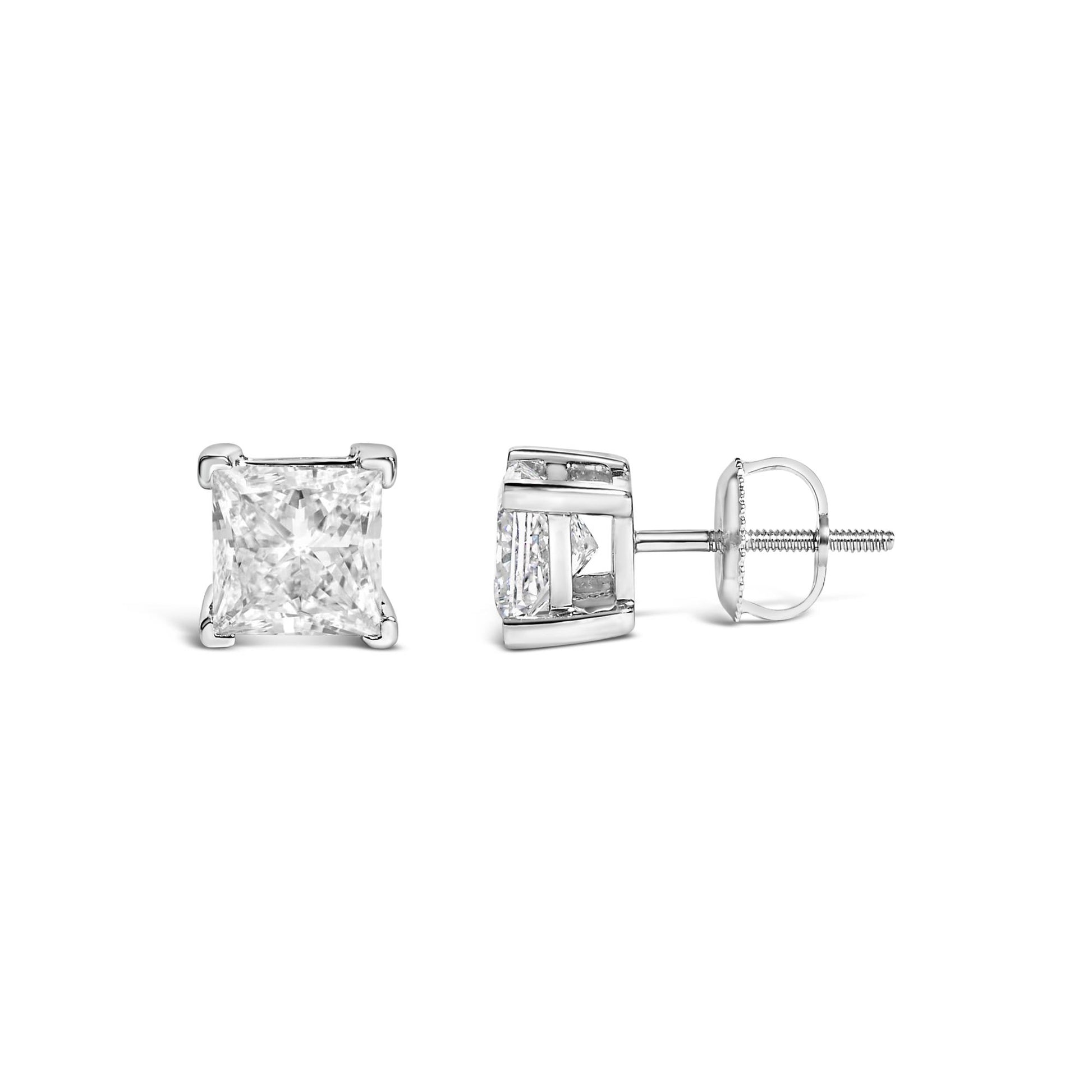 Pair of white metal stud earrings with princess-shaped white gemstones in 4-prong settings, shown from front and side angles.