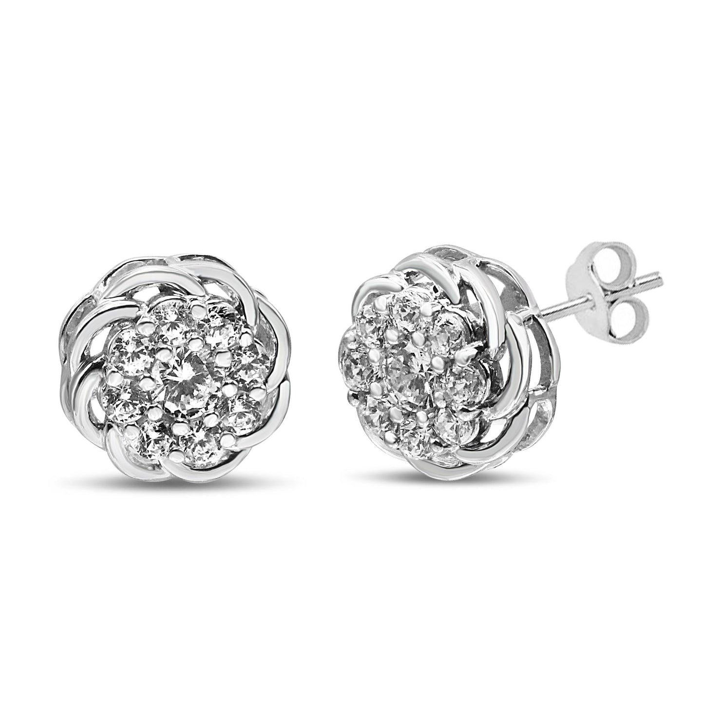 Pair of white metal stud earrings with round white gemstones in prong settings arranged in a circular cluster, shown from a front and side angle.