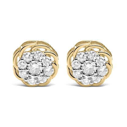 Front angle view of round cluster earrings with white gemstones in prong setting surrounded by twisted yellow metal design.