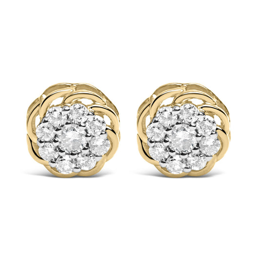 Front angle view of round cluster earrings with white gemstones in prong setting surrounded by twisted yellow metal design.