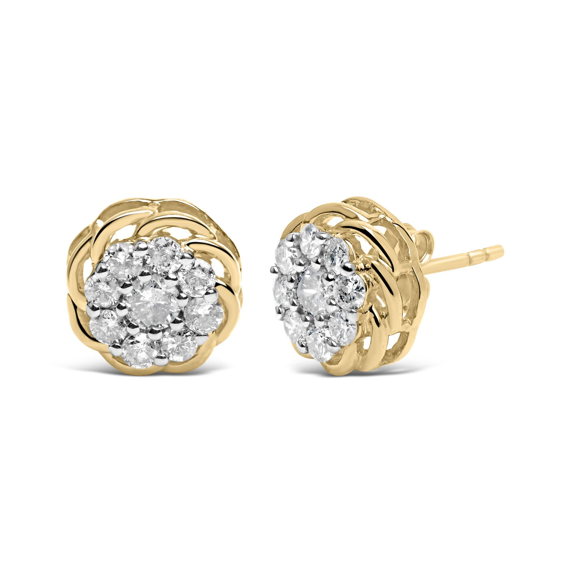 Pair of yellow metal stud earrings with round white gemstones in prong settings, shown from front and side angles.