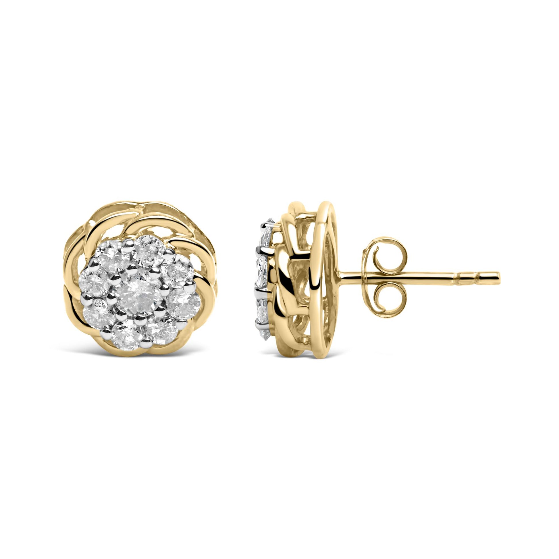 Pair of yellow metal stud earrings with round white gemstones in prong settings, one shown from front and one from side, against white background.