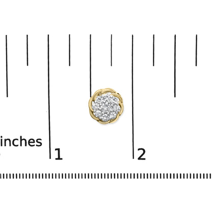 Yellow metal earring with clustered white round gemstones in prong setting, shown from top view on a ruler for size reference.