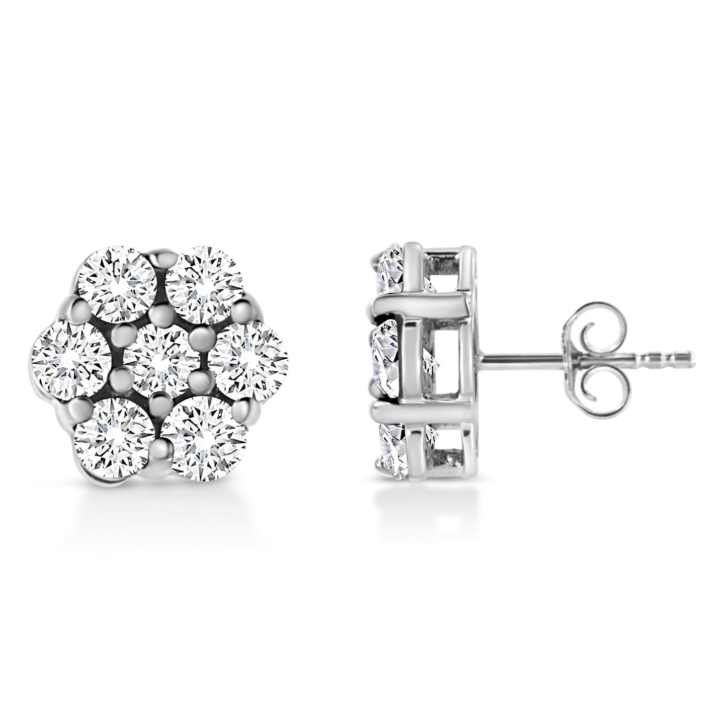 Pair of white metal stud earrings with round white gemstones in prong settings, shown from front and side angles.