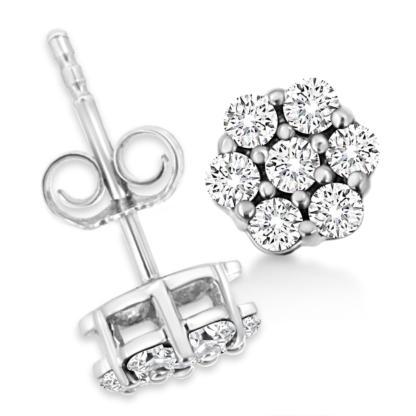 Close-up front and back view of white metal stud earrings with round white gemstones in prong settings.