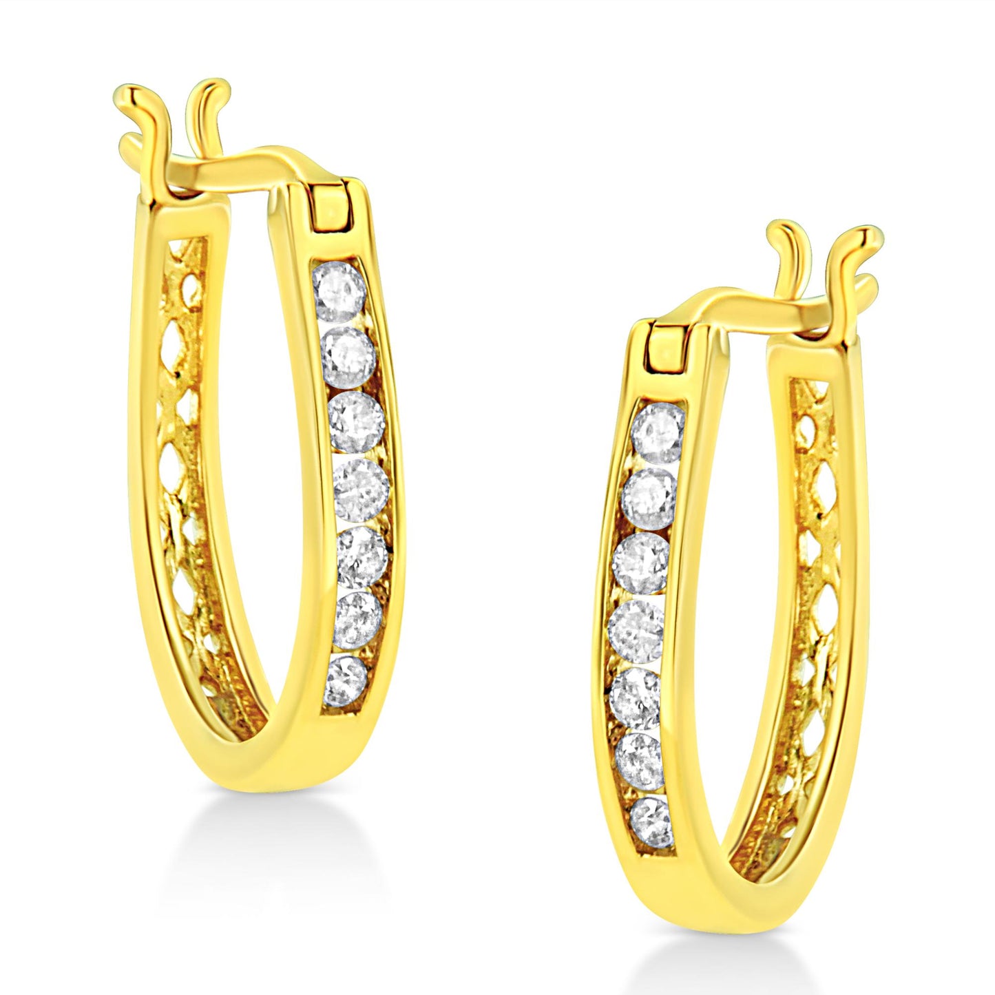 Pair of yellow metal hoop earrings with channel-set round white gemstones, shown in a close-up side angle.