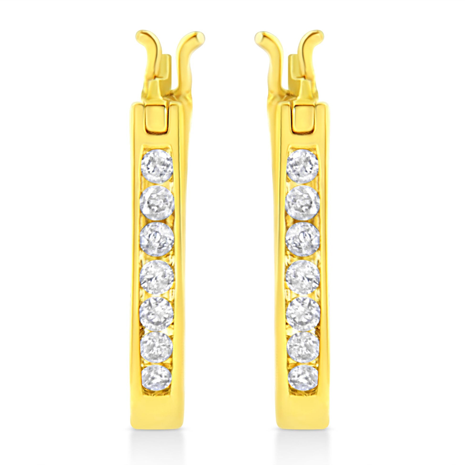Front view of yellow metal earrings with round white gemstones set in a channel setting along the length.