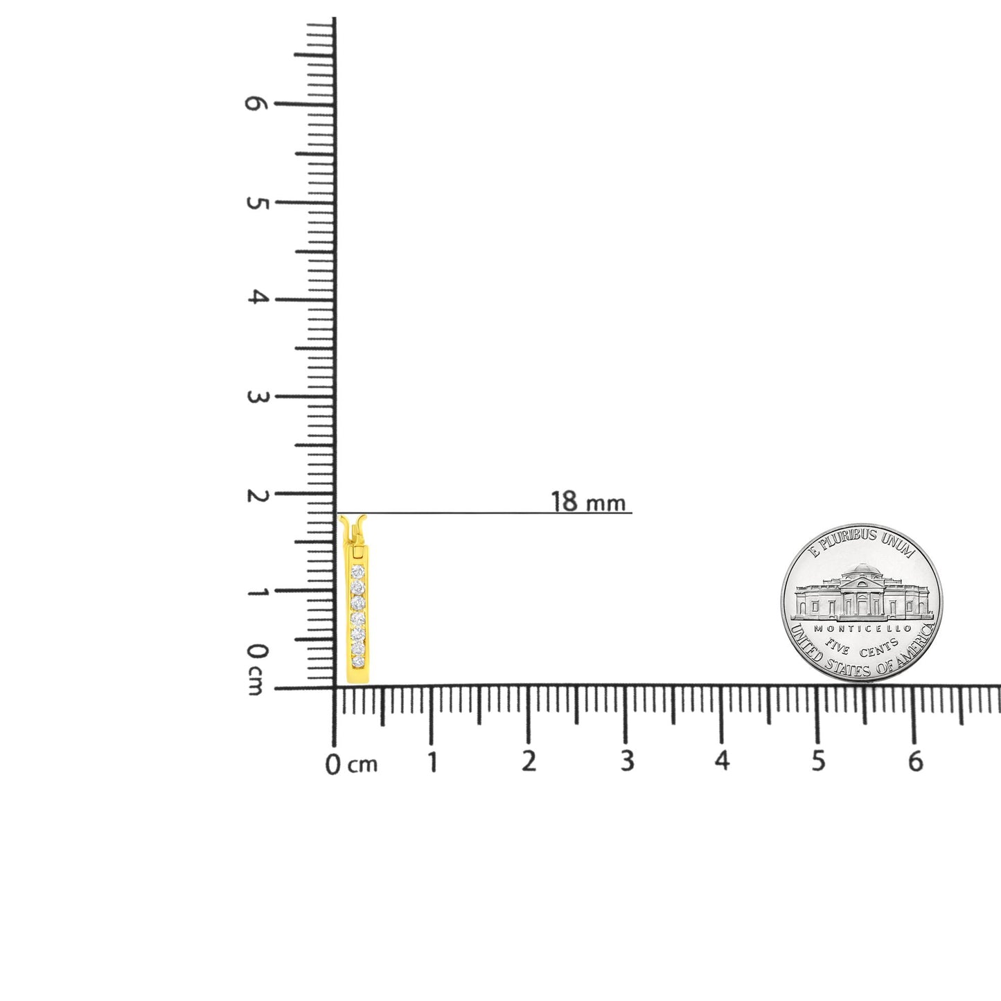 Yellow metal earrings with a vertical bar design set with round brownish gemstones in a channel setting, shown on a ruler and next to a coin for size reference, shot from the front.