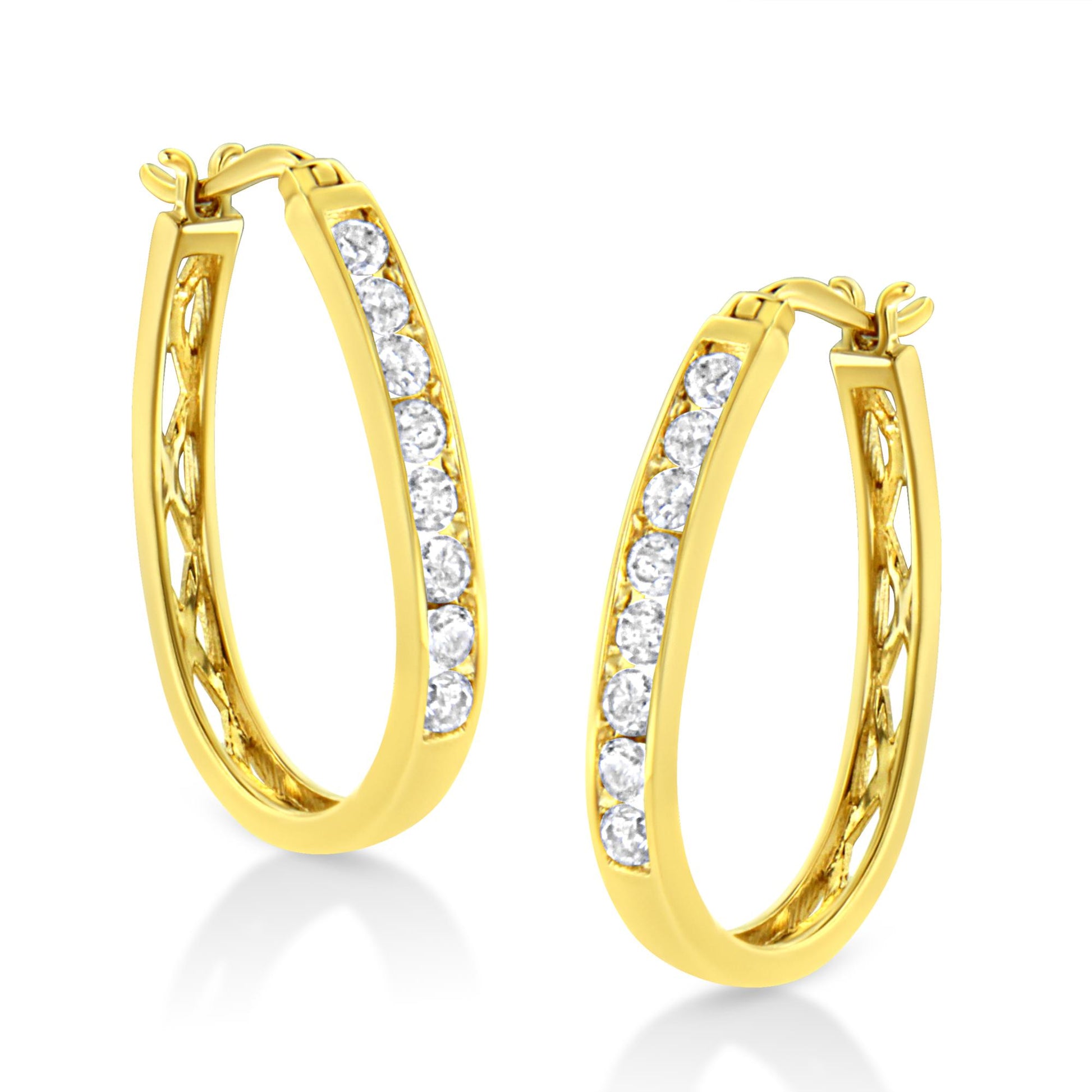 Pair of yellow hoop earrings with round white gemstones in channel setting, shown in angled close-up view.