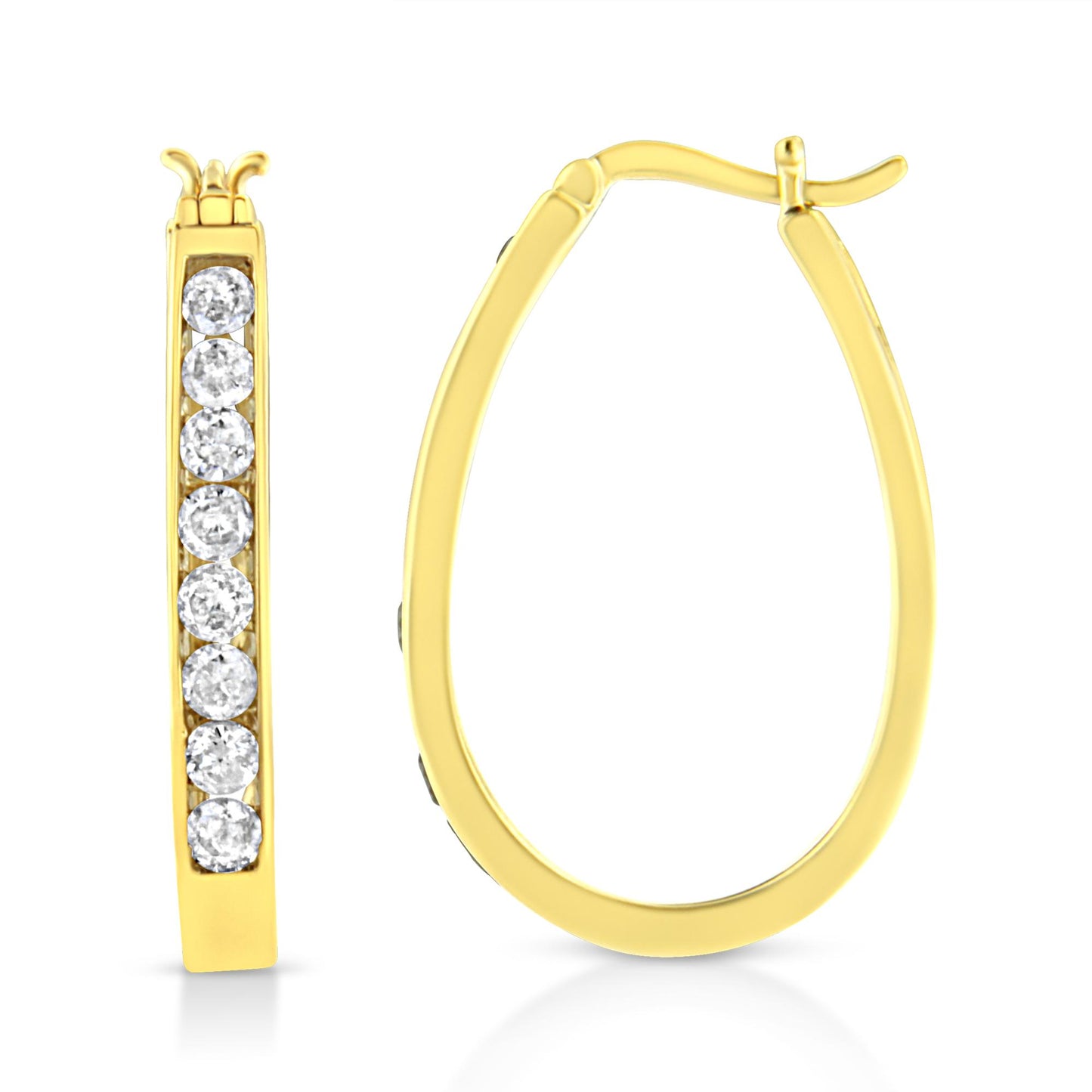 Front and side view of yellow metal hoop earrings with channel-set round white gemstones, shown against a white background.