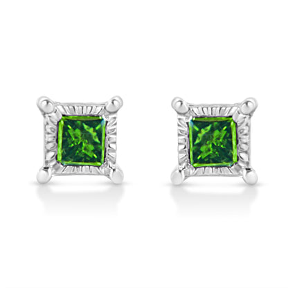 Pair of white metal earrings with square green gemstones in a miracle setting, shown from the front.