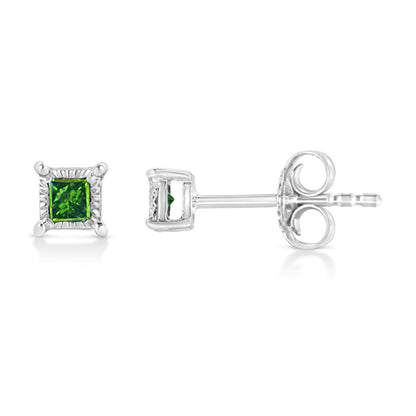 Close-up front and side views of a white metal stud earring with a square green gemstone in a prong setting.