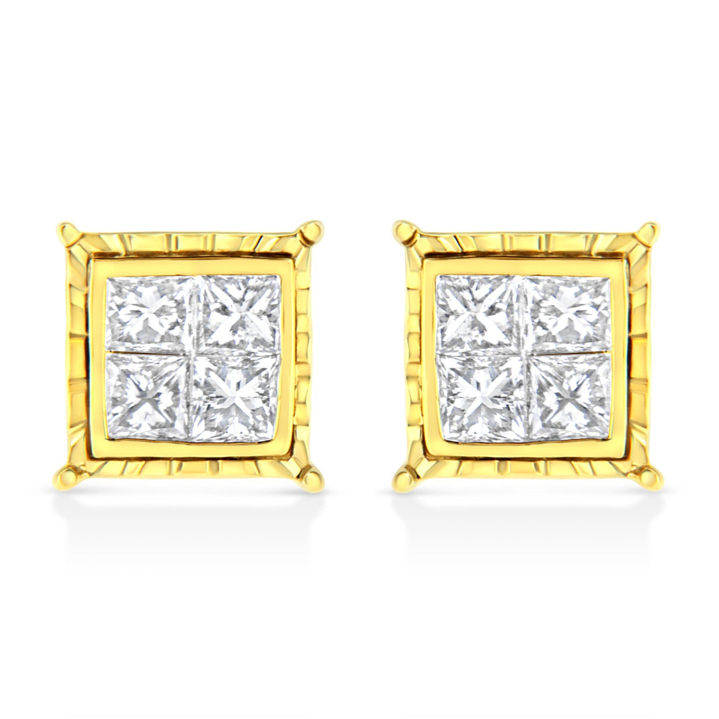 Front-facing shot of yellow metal square stud earrings with four white princess-shaped gemstones set invisibly in each earring.