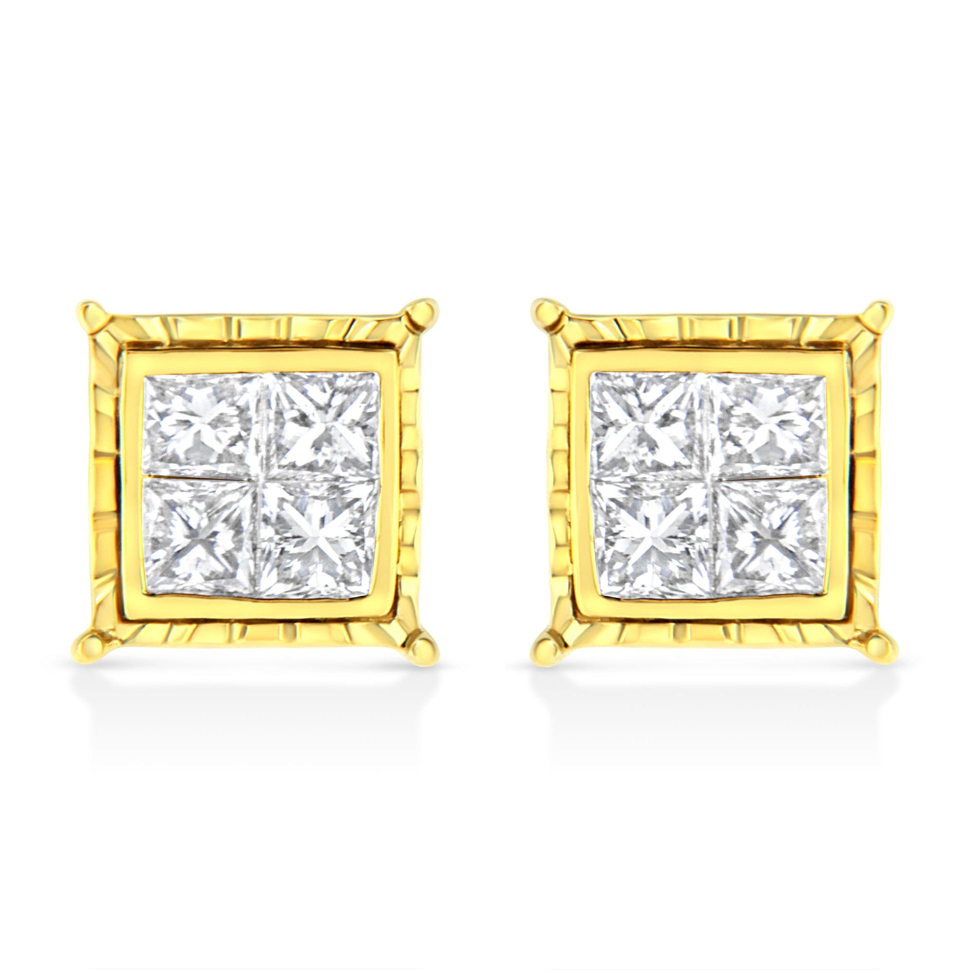 Front-facing shot of yellow metal square stud earrings with four white princess-shaped gemstones set invisibly in each earring.
