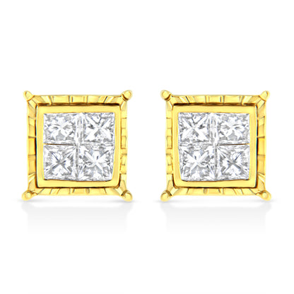 Front-facing shot of yellow metal square stud earrings with four white princess-shaped gemstones set invisibly in each earring.