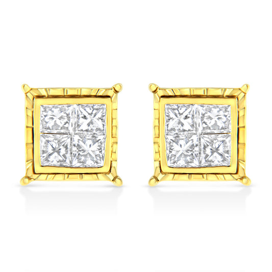 Front-facing shot of yellow metal square stud earrings with four white princess-shaped gemstones set invisibly in each earring.