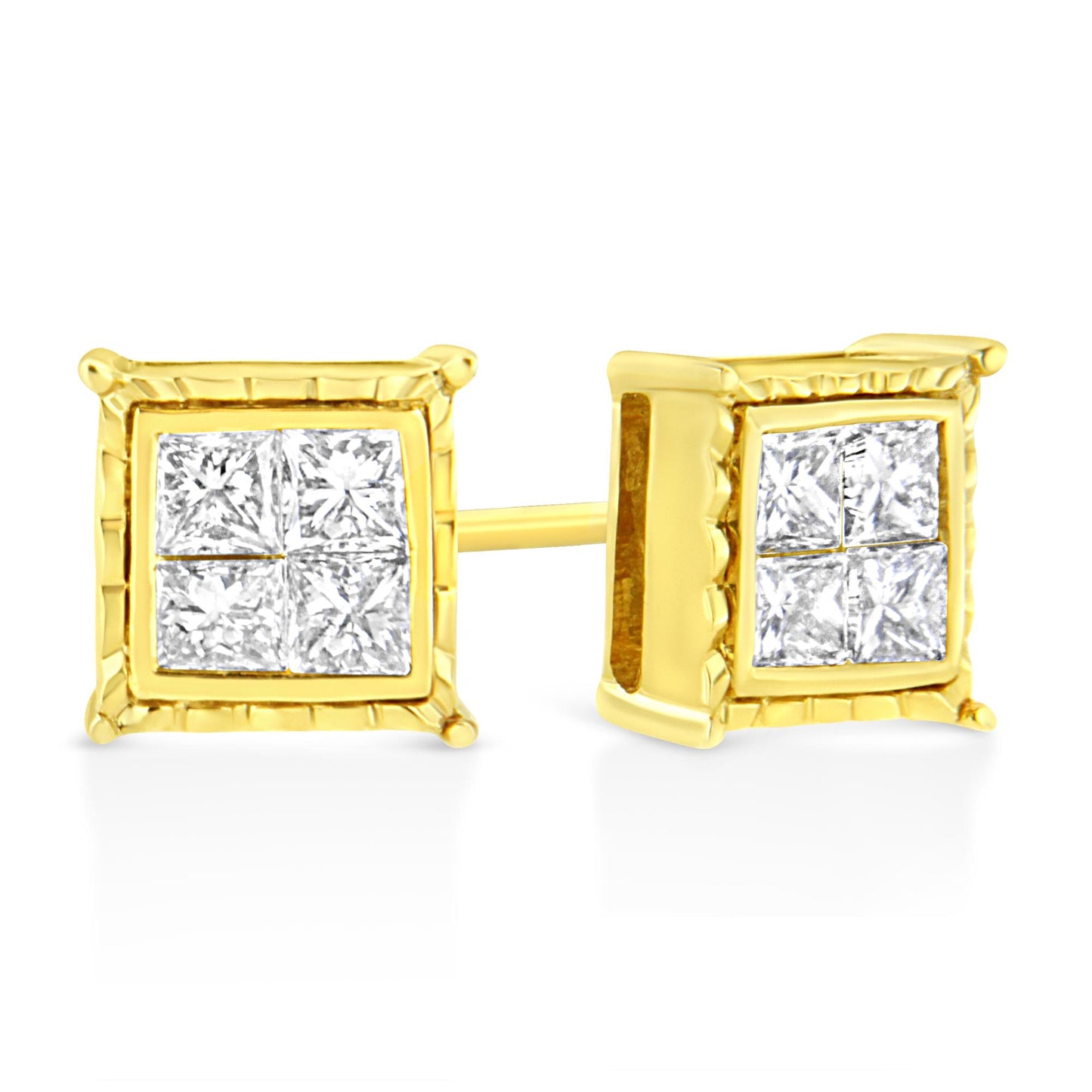 Close-up front and side angled view of yellow metal square stud earrings with four white princess-shaped gemstones in an invisible setting.