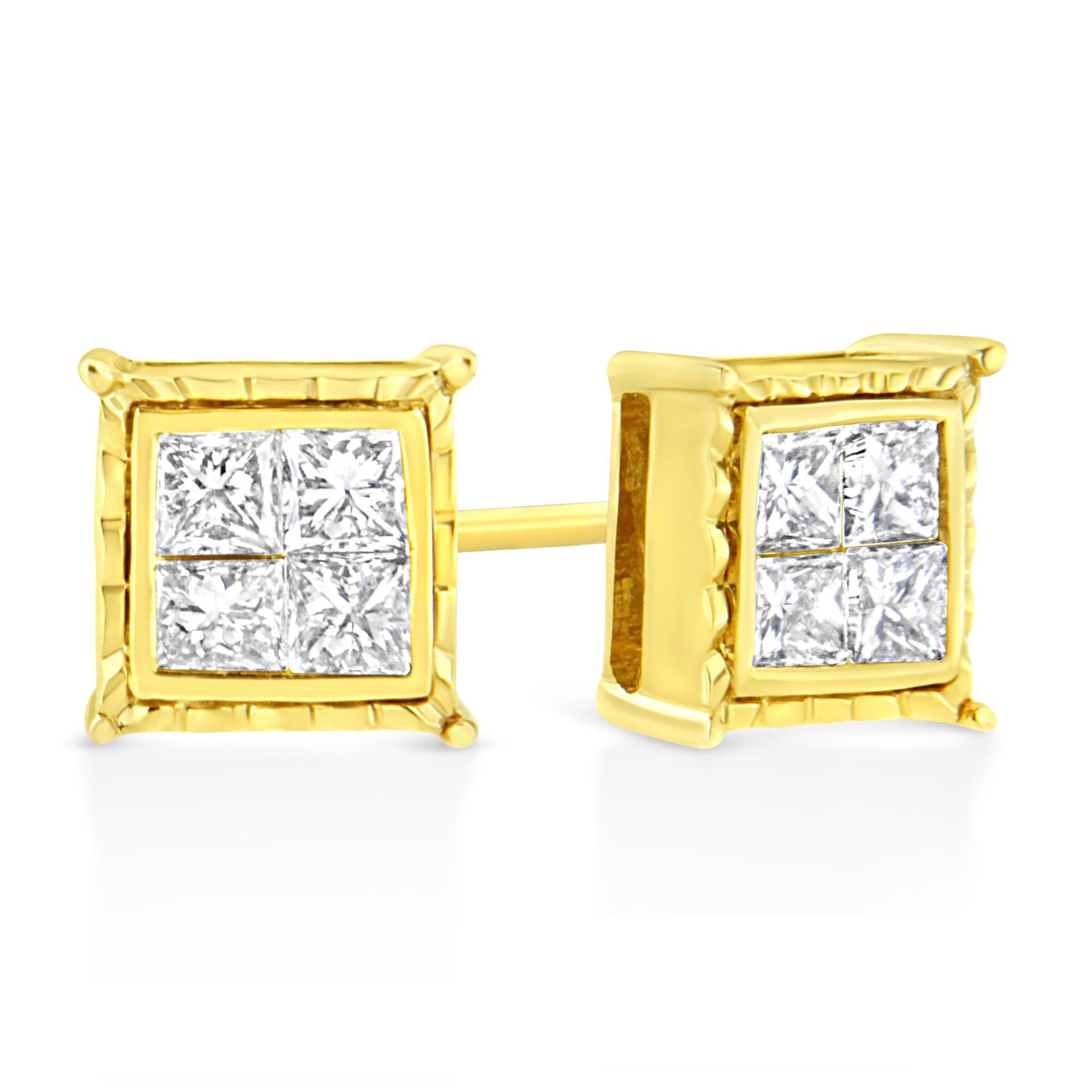 Close-up front and side angled view of yellow metal square stud earrings with four white princess-shaped gemstones in an invisible setting.