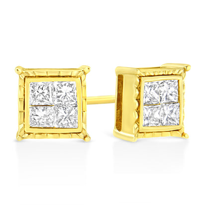 Close-up front and side angled view of yellow metal square stud earrings with four white princess-shaped gemstones in an invisible setting.