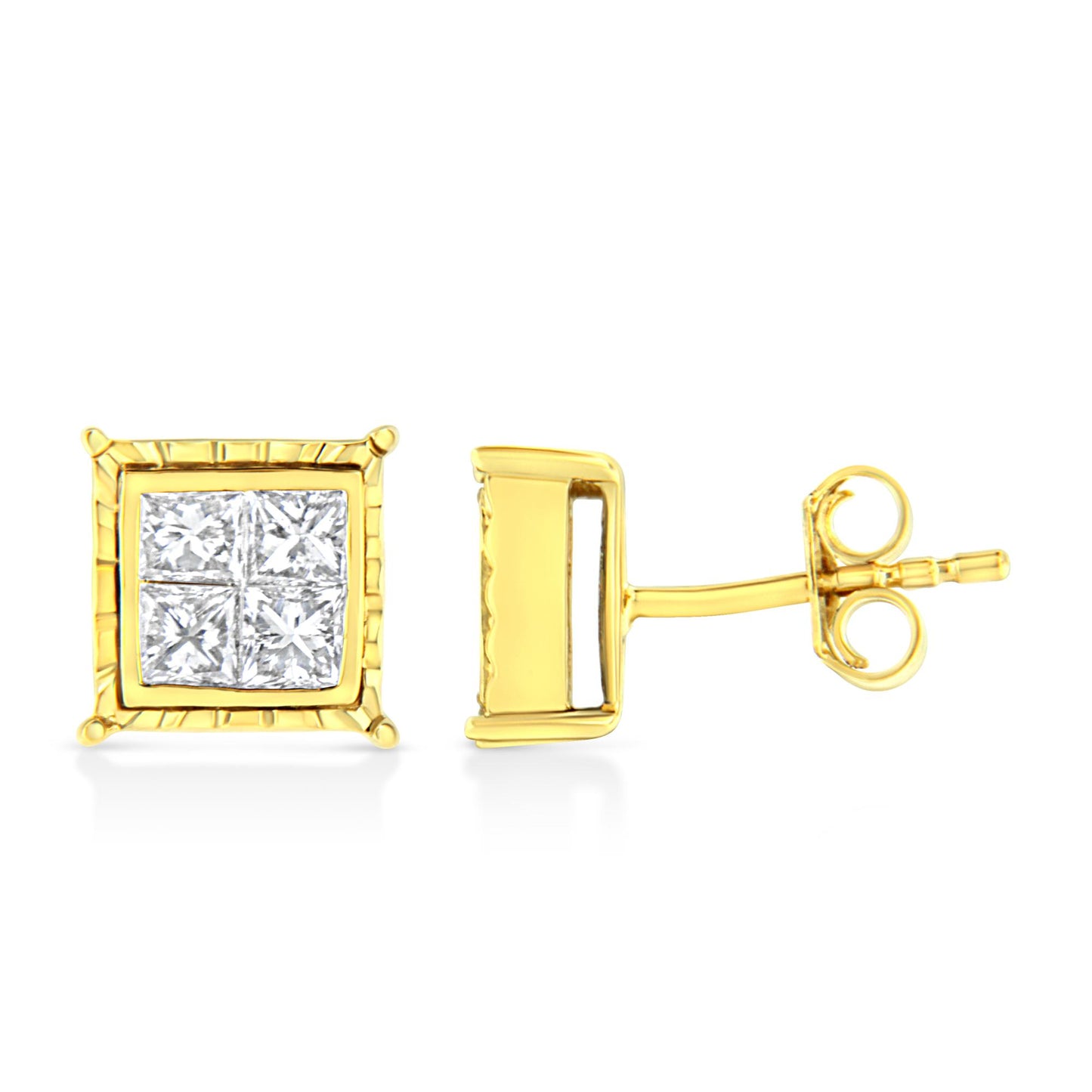 Pair of yellow metal square stud earrings with four princess-shaped white gemstones in invisible setting, shown from front and side angles.