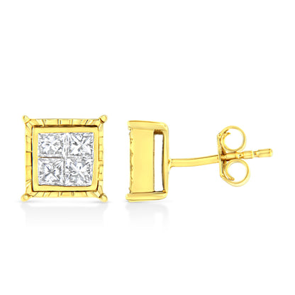 Pair of yellow metal square stud earrings with four princess-shaped white gemstones in invisible setting, shown from front and side angles.