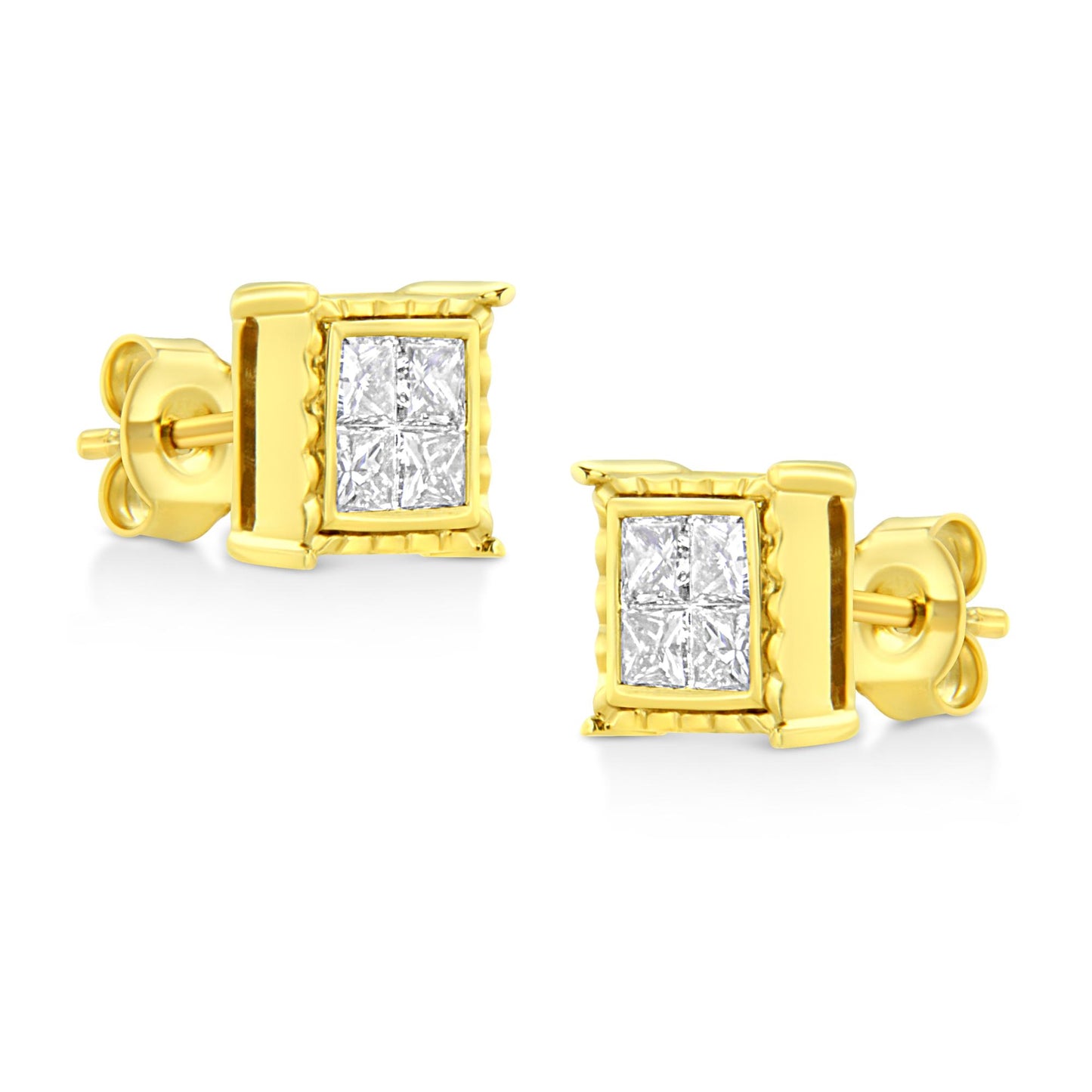 Pair of yellow metal stud earrings with four princess-shaped white gemstones in an invisible setting, shown in a close-up angled view.