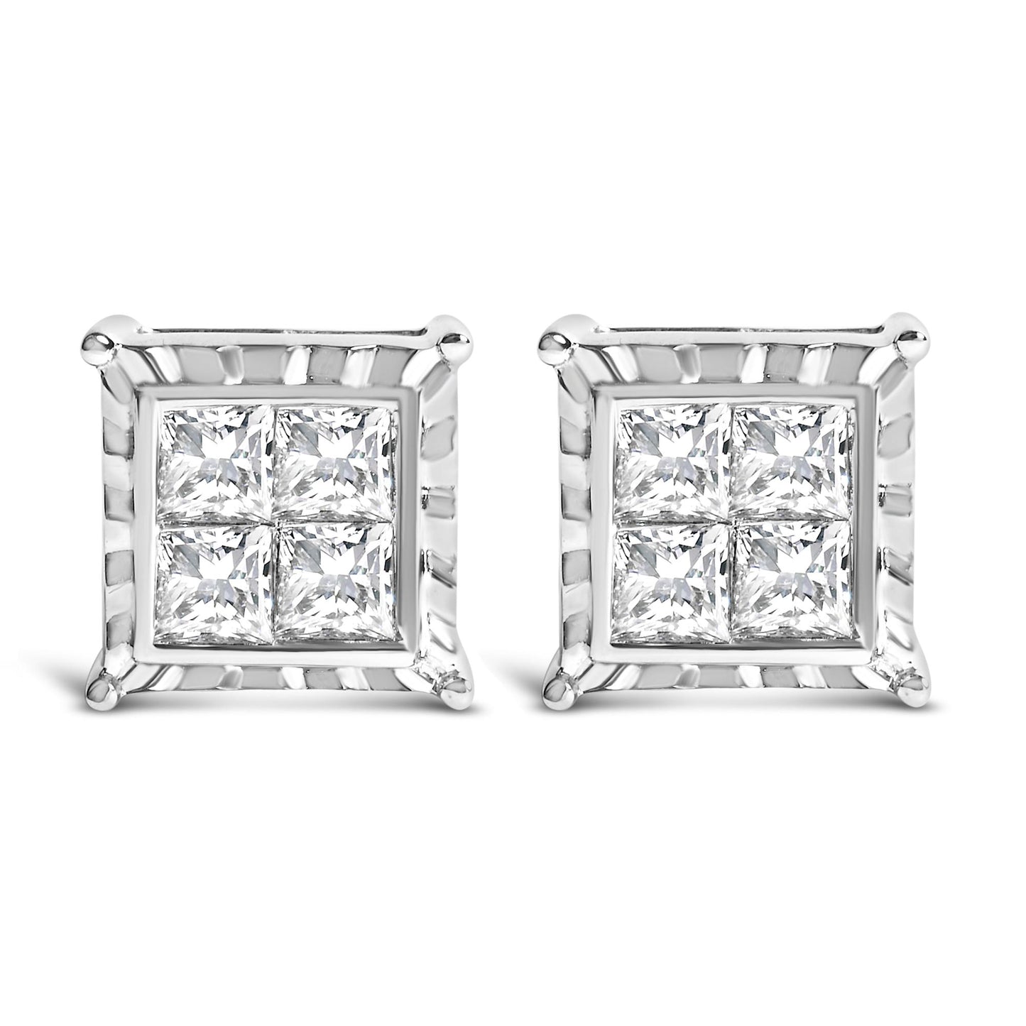 Pair of white metal square-shaped stud earrings with princess cut white gemstones in an invisible setting, shown from front and side angles on a white background.