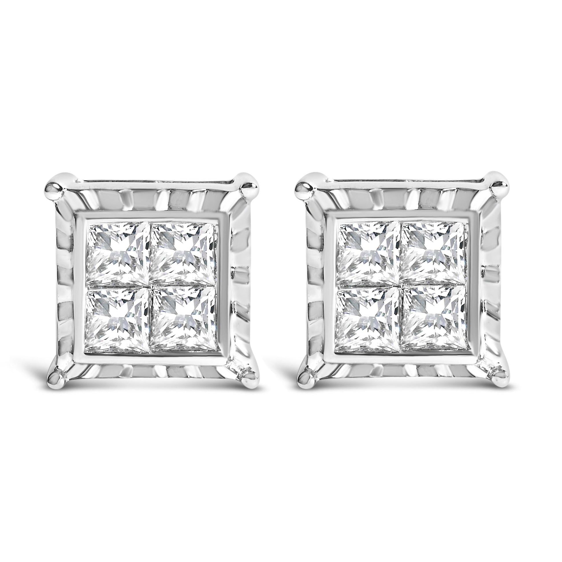 Pair of white metal square-shaped stud earrings with princess cut white gemstones in an invisible setting, shown from front and side angles on a white background.