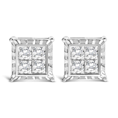 Pair of white metal square-shaped stud earrings with princess cut white gemstones in an invisible setting, shown from front and side angles on a white background.